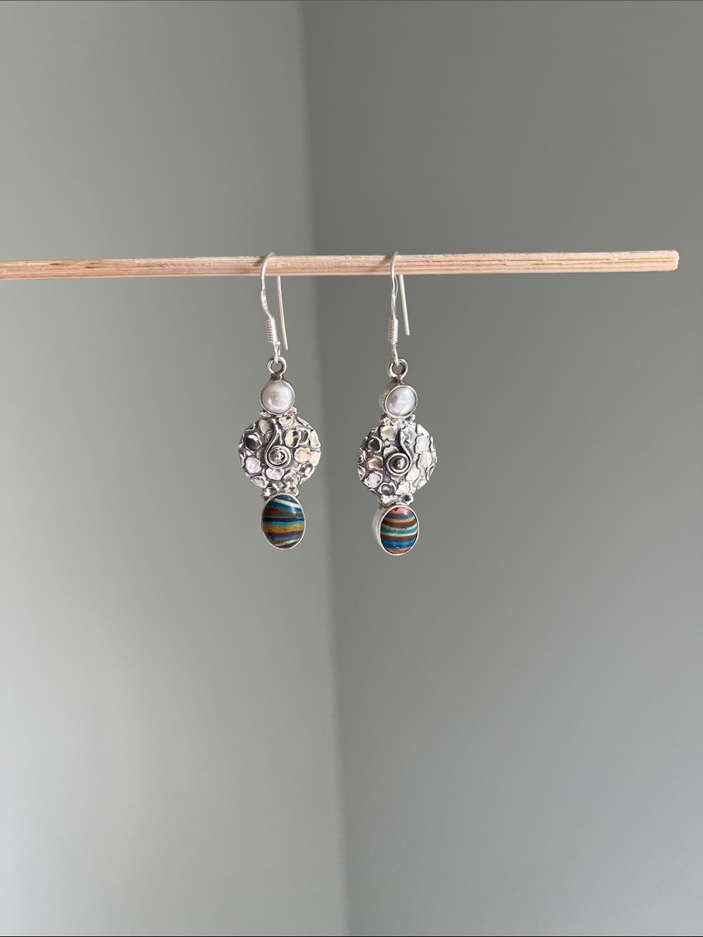 Sterling Silver Pearl and Rainbow Calsilica Drop Earrings - Picture 3 of 6